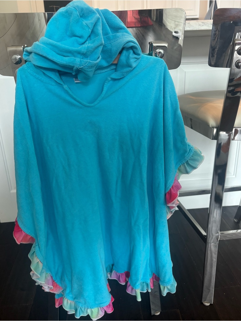 Turquoise Hooded cover up with Rainbow Ruffle Trim